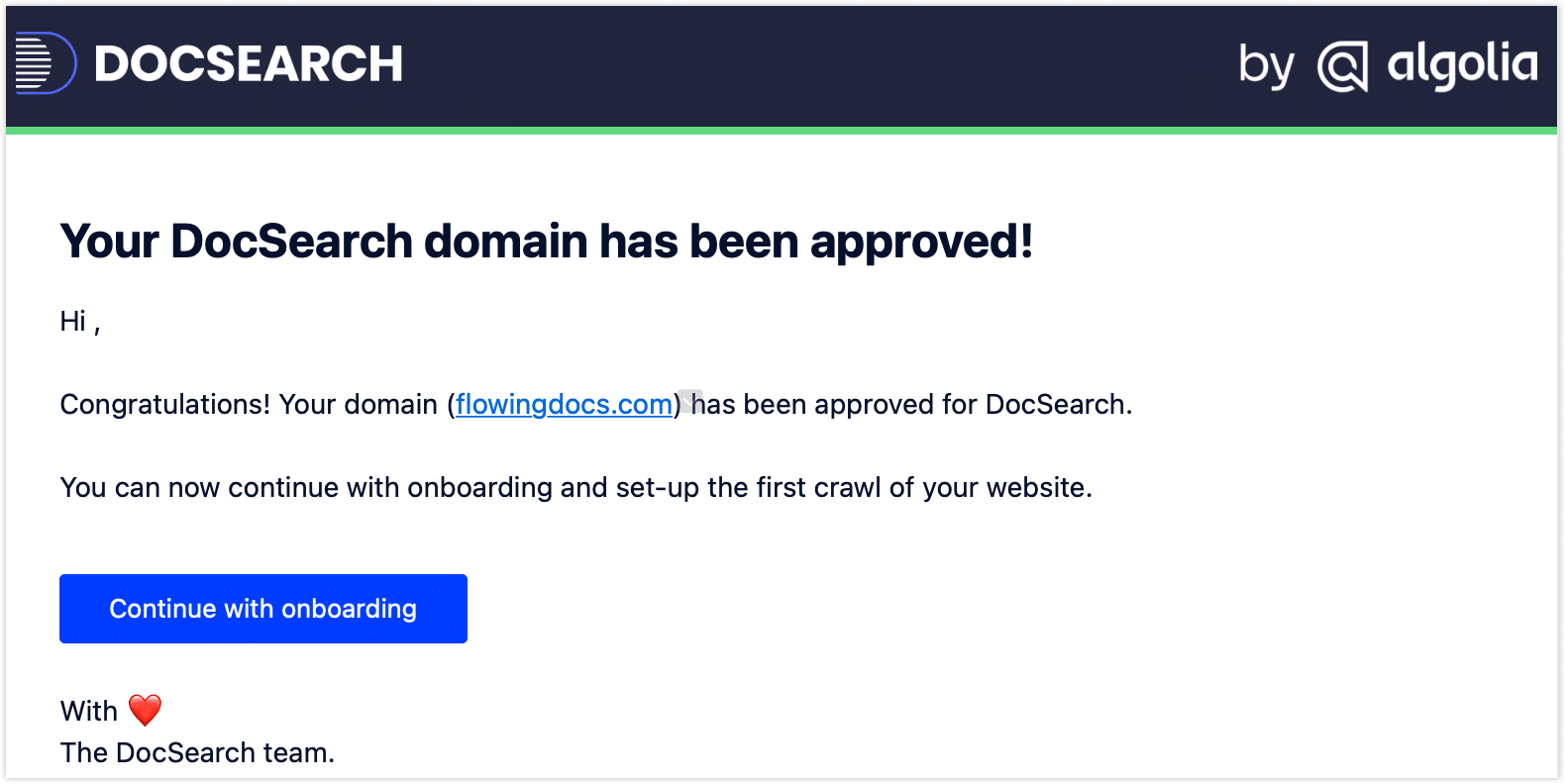 Algolia DocSearch 审核通过