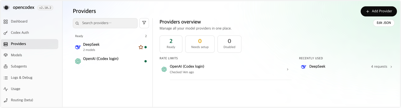 The opencodex Providers page showing DeepSeek ready for use