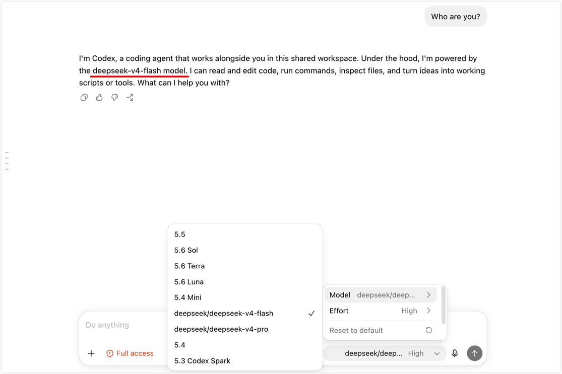 Switching to DeepSeek V4 Flash in Codex Desktop